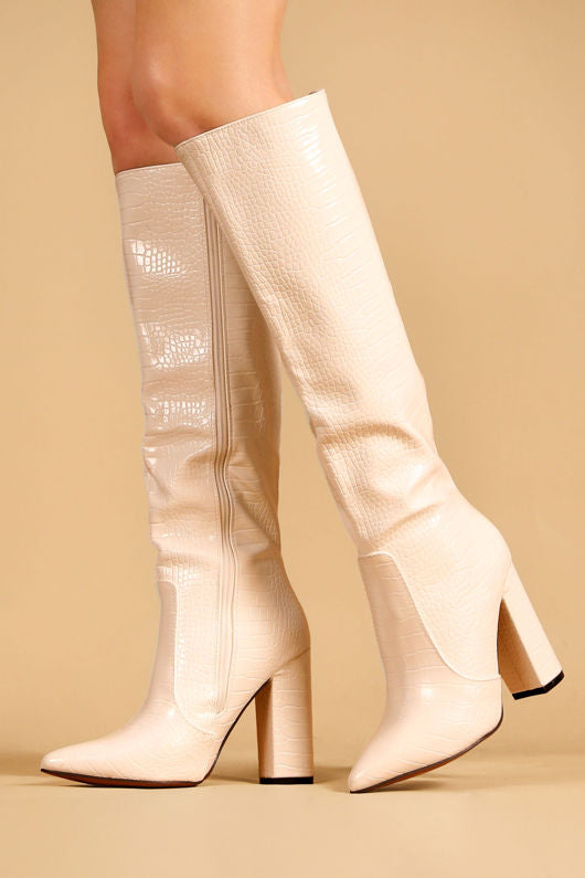 Knee High Block Heeled Boots petite Croc-Beige