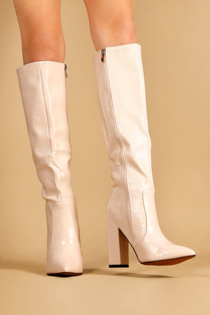 Knee High Block Heeled Boots petite Croc-Beige