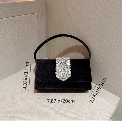 Women’s crystal elegant square buckle handbag in black.