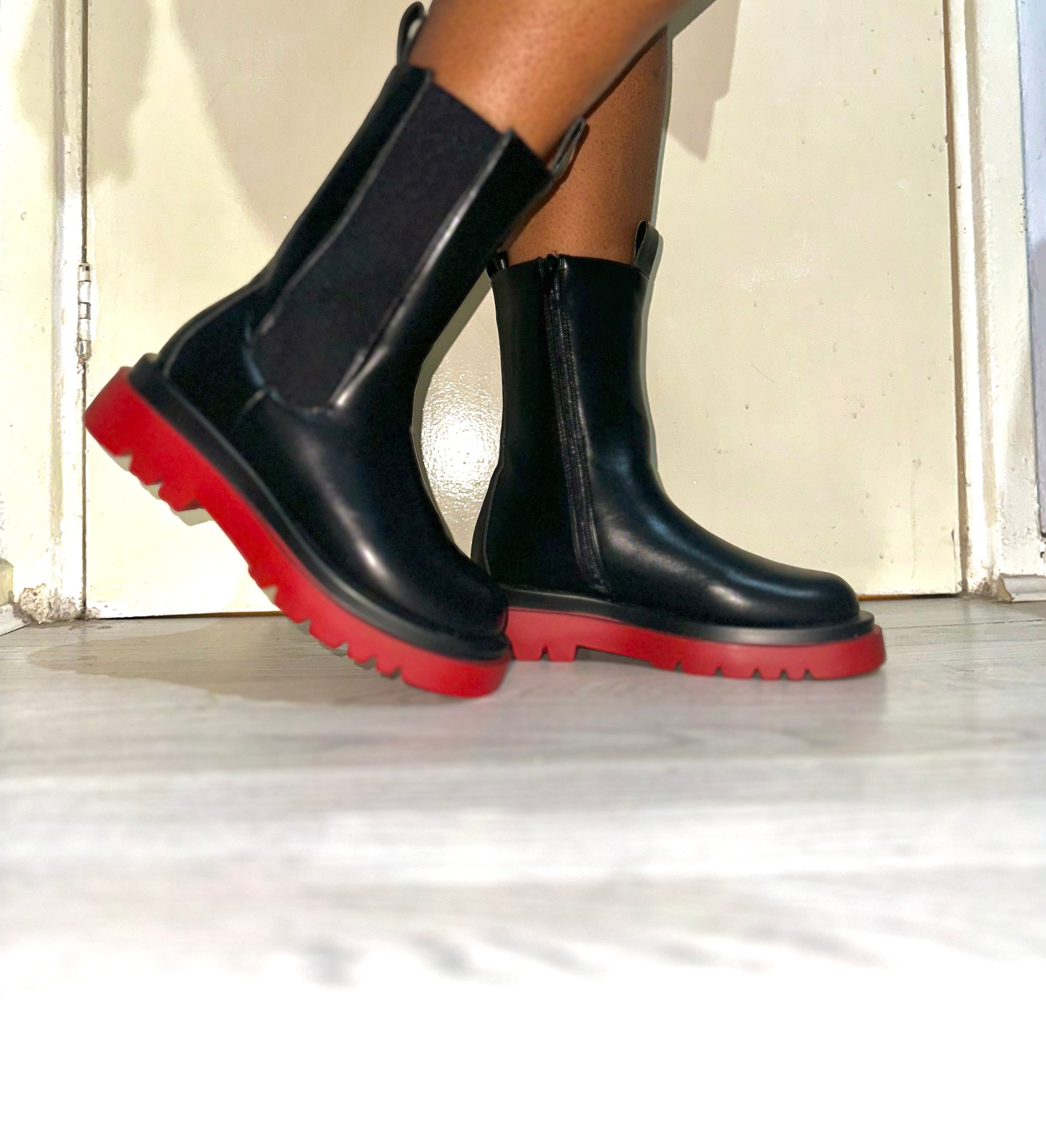 Red Chunky Sole Ankle Biker Boots