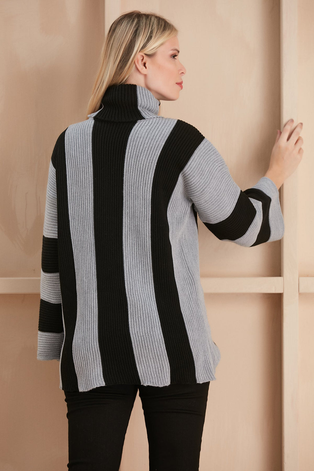 Stylish High Neck Oversize striped Jumper with Flare Sleeves.