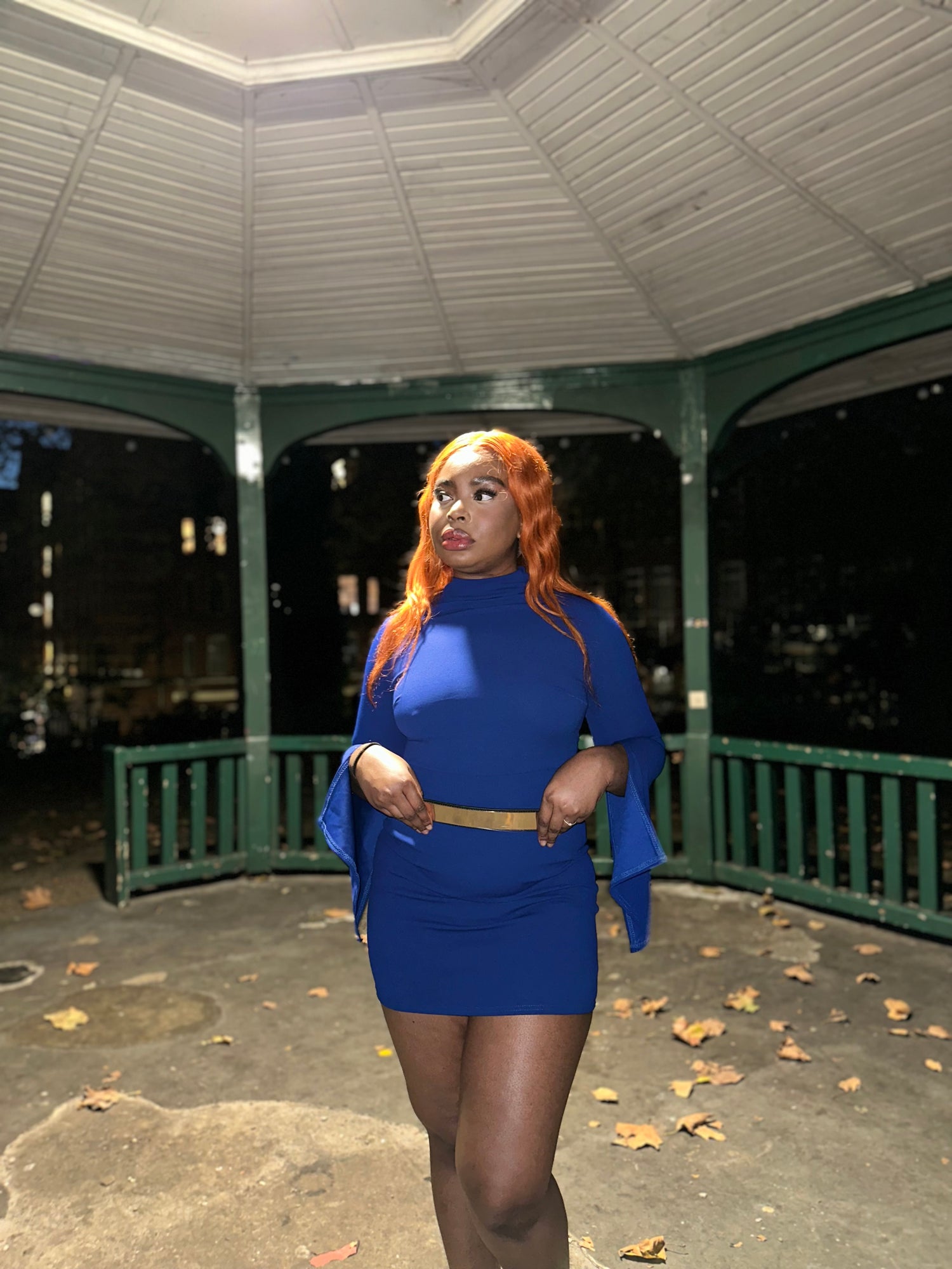 Mini blue belted dress with cut out slit sleeves