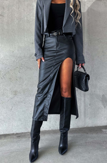 Faux Leather Maxi Skirt With Front Split