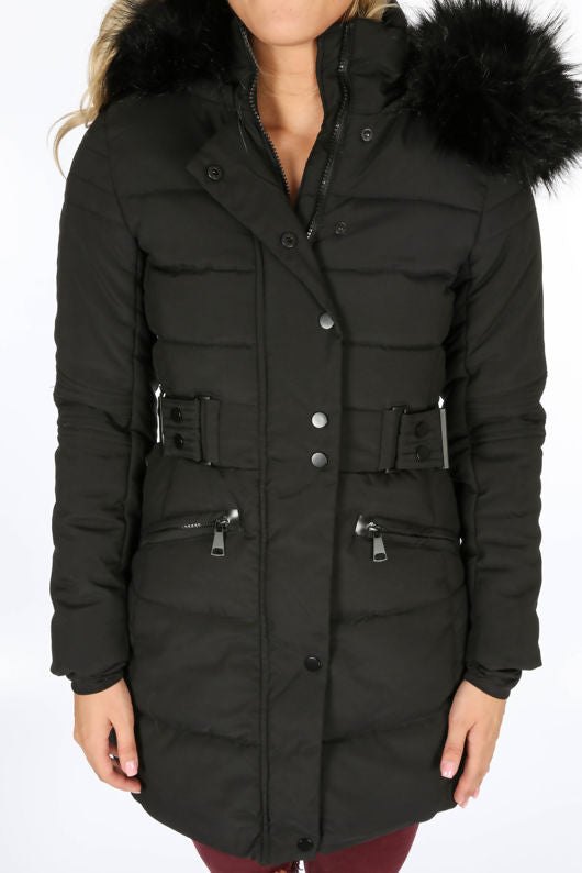 Puffer Coat Long With Faux Fur-Black