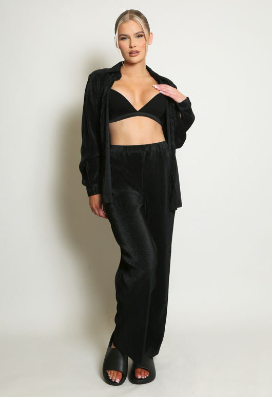 Black Plisse Blouse And Trouser Set