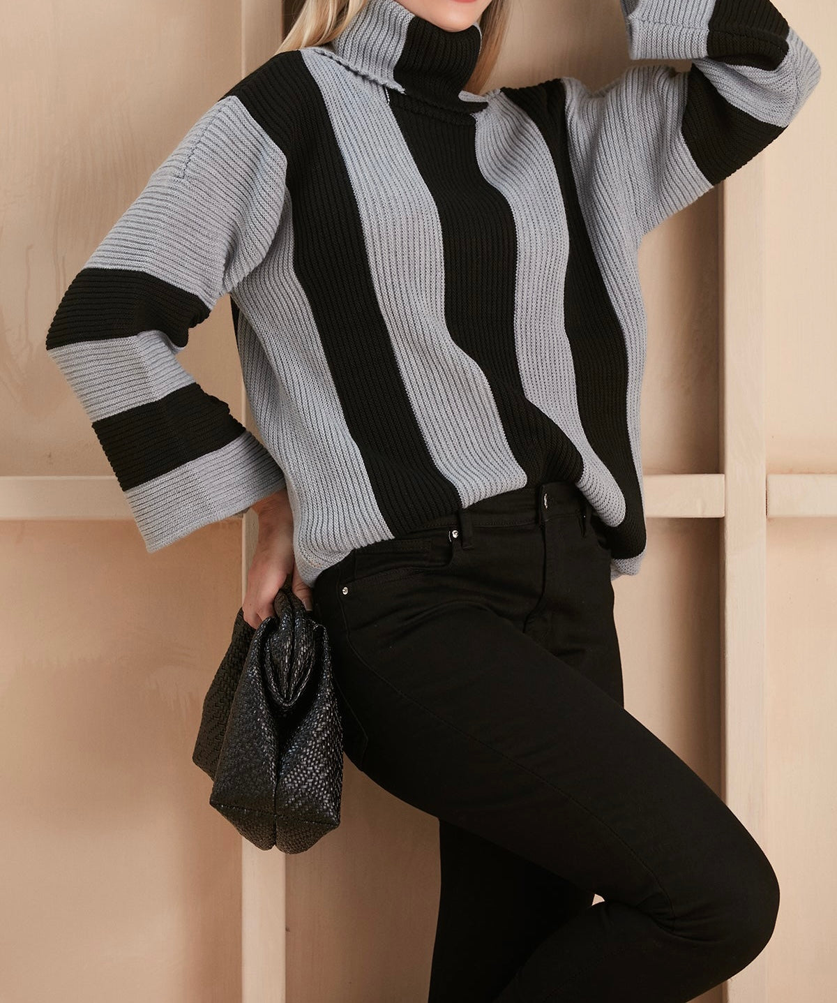 Stylish High Neck Oversize striped Jumper with Flare Sleeves.