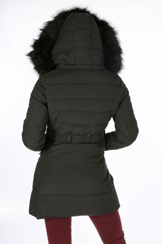 Puffer Coat Long With Faux Fur-Black