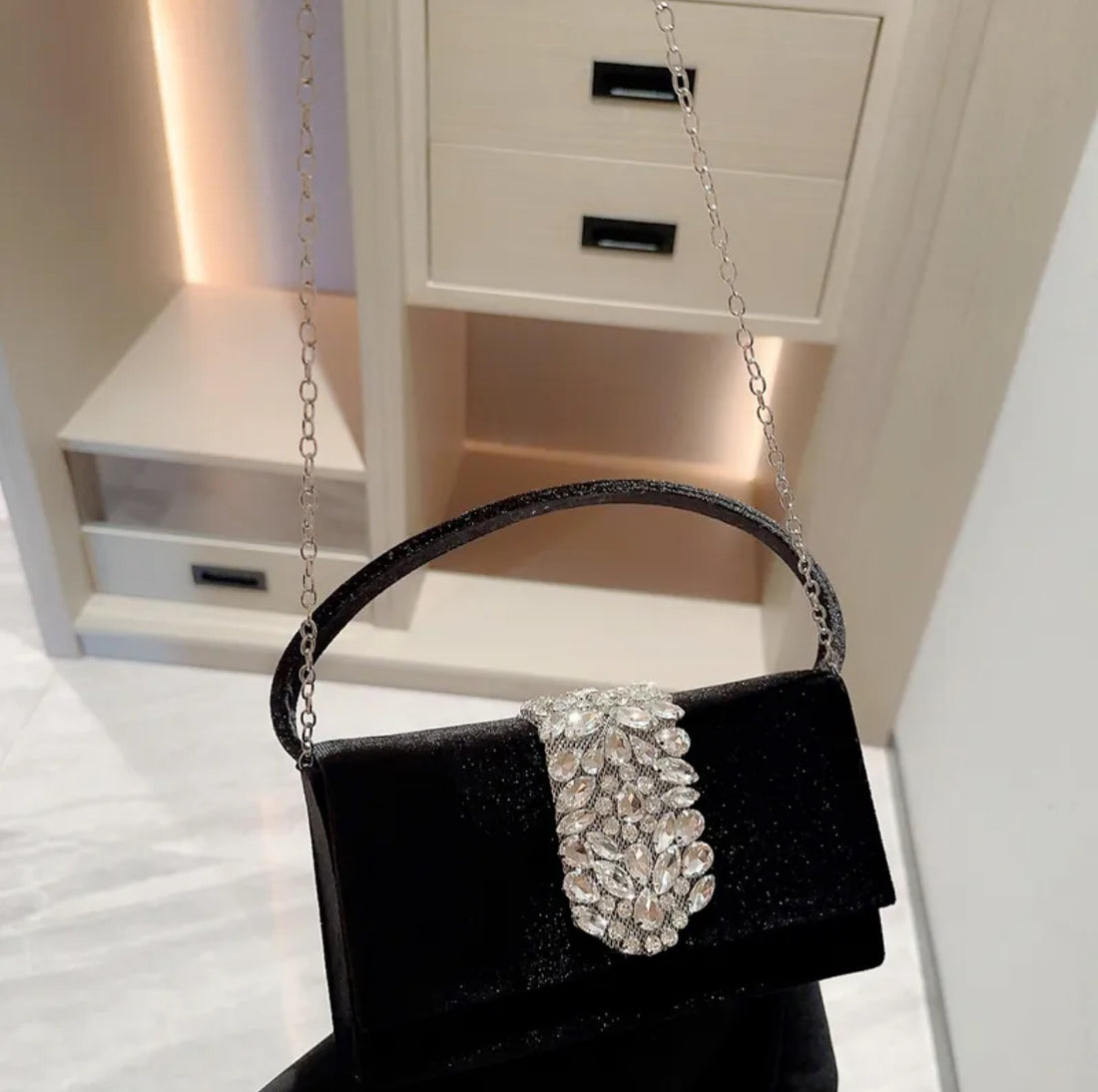 Women’s crystal elegant square buckle handbag in black.