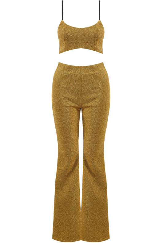 Petite Girlies-Crop Top And Flare Trouser Set With A Luxury Glittery Material-Gold