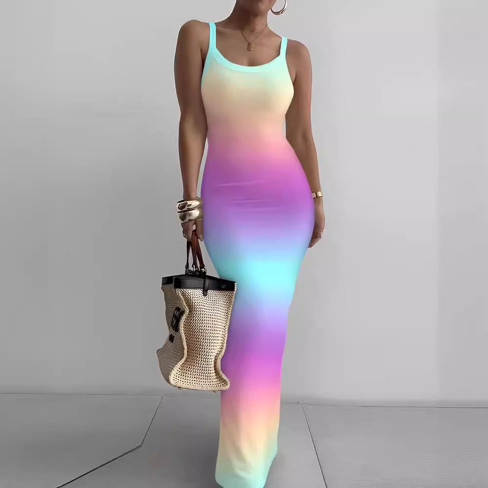 Women’s elegant midi dress in mermaid colour, sleeveless dress.
