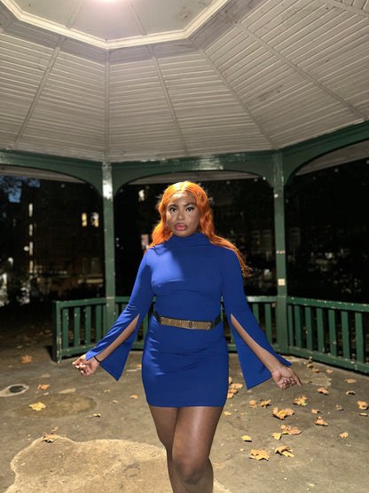 Mini blue belted dress with cut out slit sleeves