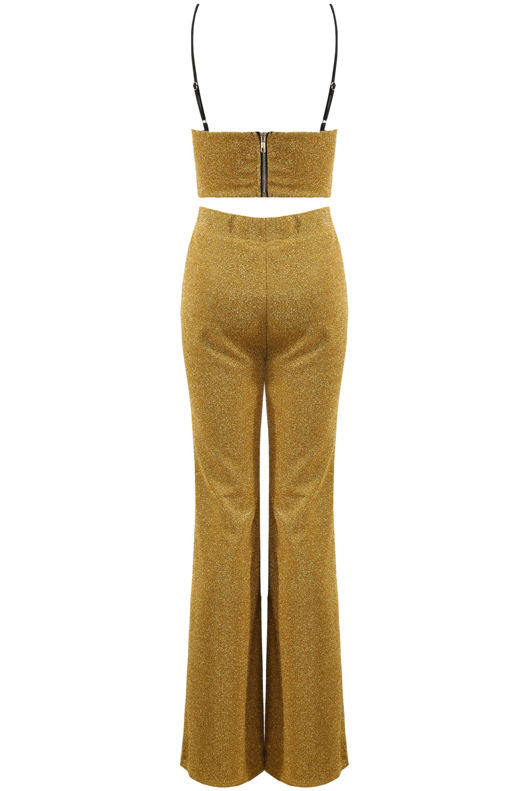 Petite Girlies-Crop Top And Flare Trouser Set With A Luxury Glittery Material-Gold