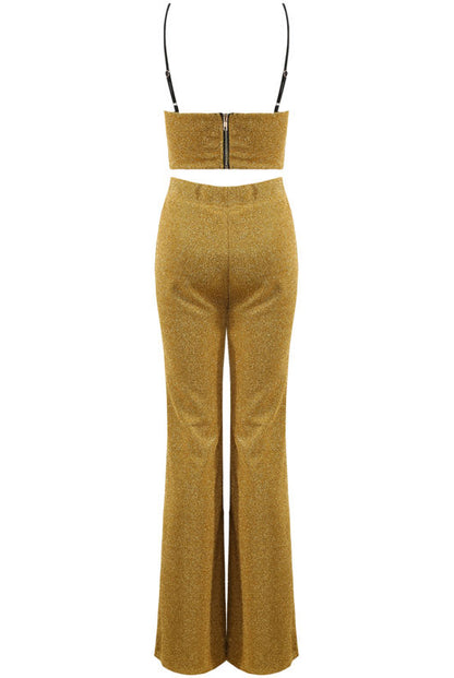 Petite Girlies-Crop Top And Flare Trouser Set With A Luxury Glittery Material-Gold