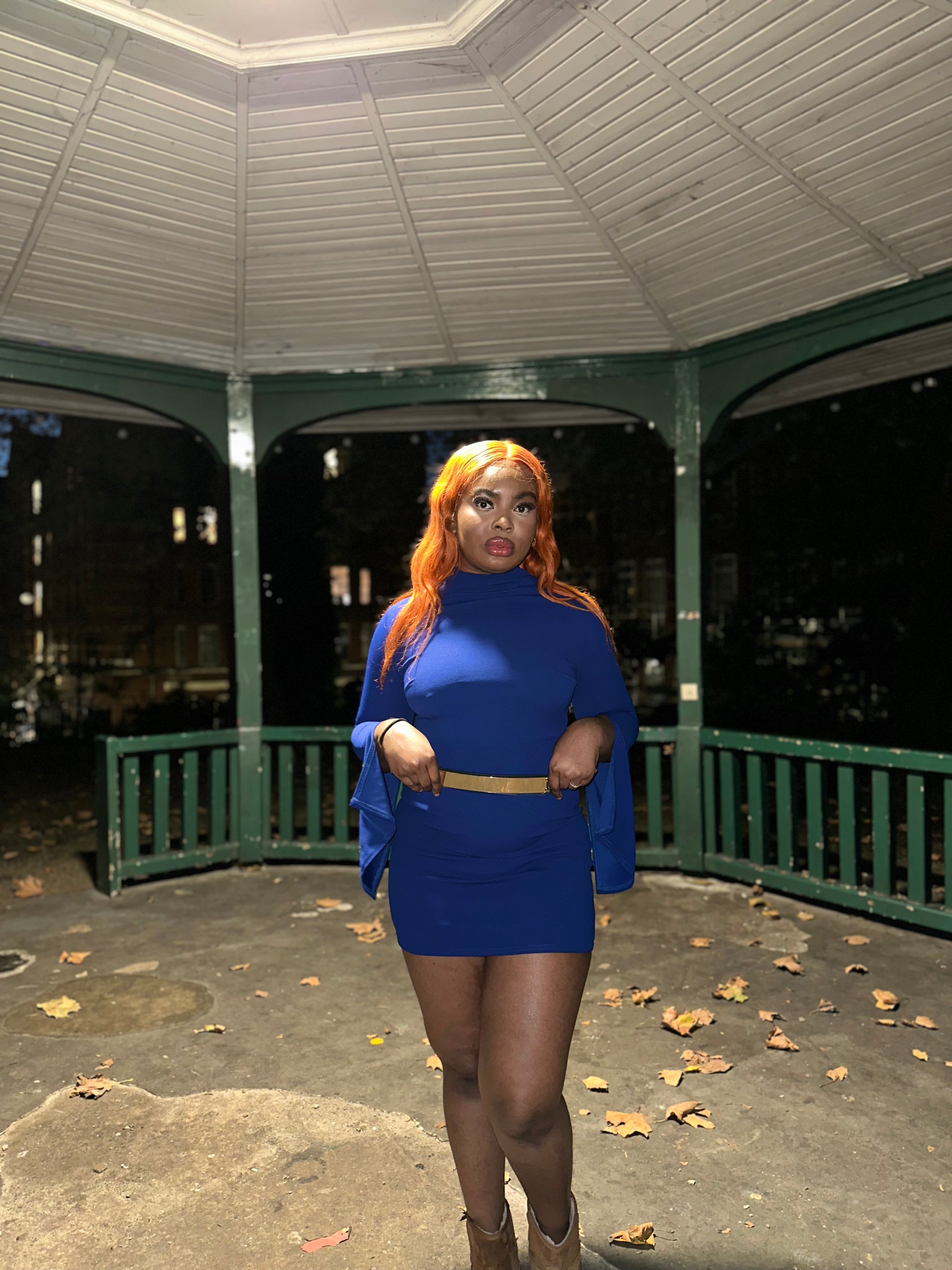 Mini blue belted dress with cut out slit sleeves