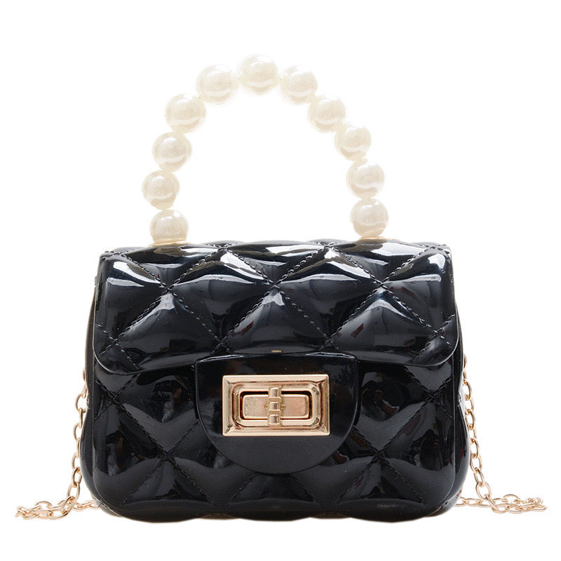 Kids mini fashion square bag with pearls handle.