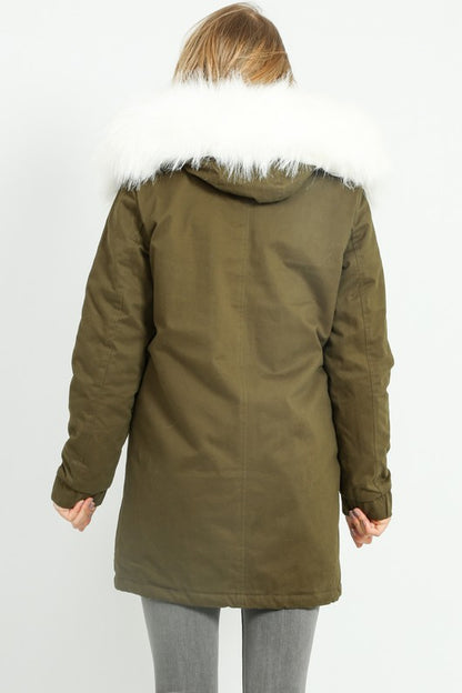 Coat in Khaki With Faux Fur Lining In White