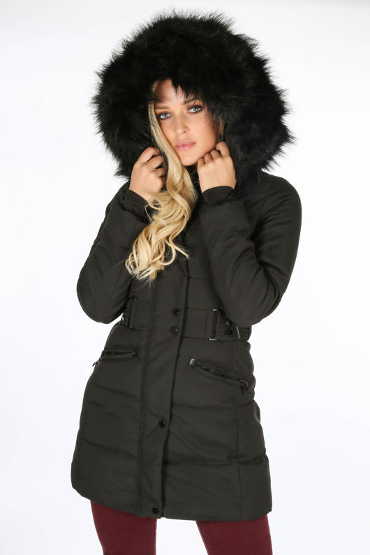 Puffer Coat Long With Faux Fur-Black