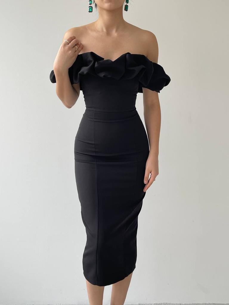 Midi Dress In A Ruffle Off The Shoulder Bodycon Style-Black