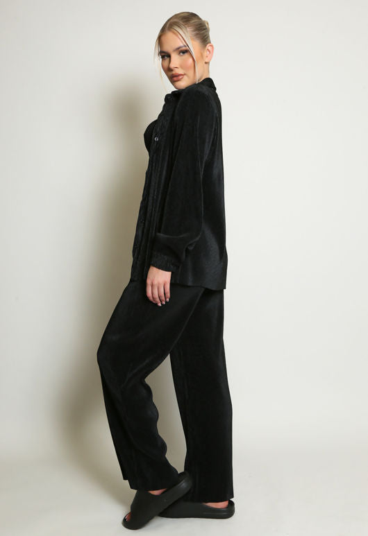 Black Plisse Blouse And Trouser Set