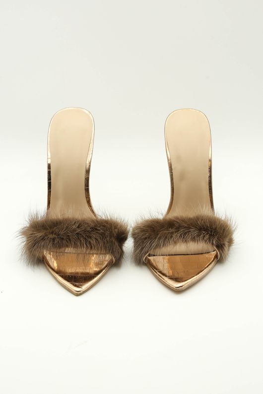 Mules fluffy Trim Strap-Champagne