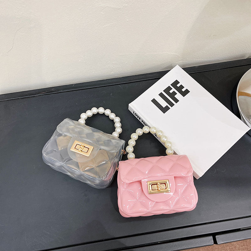 Kids mini fashion square bag with pearls handle.
