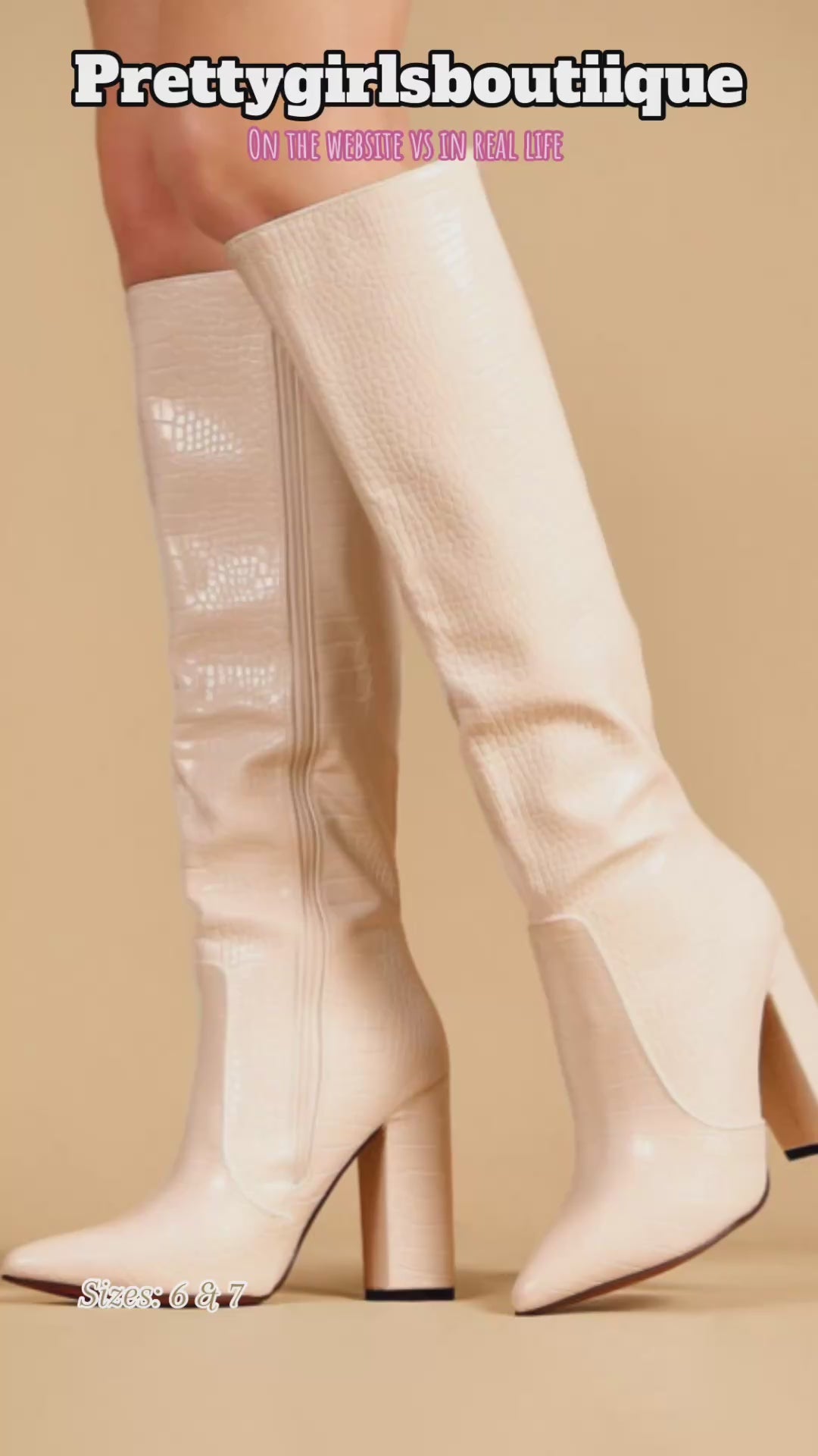 Knee High Block Heeled Boots petite Croc-Beige