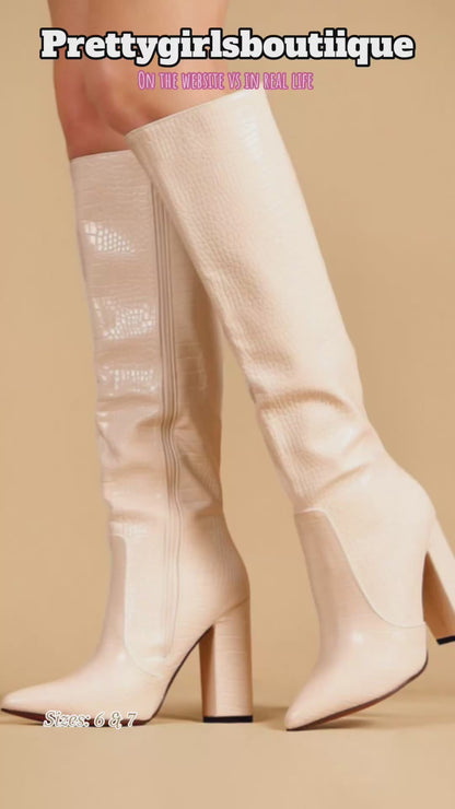 Knee High Block Heeled Boots petite Croc-Beige